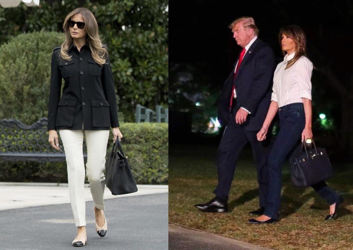Bolso negro Hermès. Este icónico bolso nergo Birkin de la marca francesa Hermès, es uno de los que más utiliza Melania trump. Su tamaño y color son perfectos para combinarlo en el día a día y convertirse en una de las mejores inversiones. Su valor ronda los 10.000 euros.