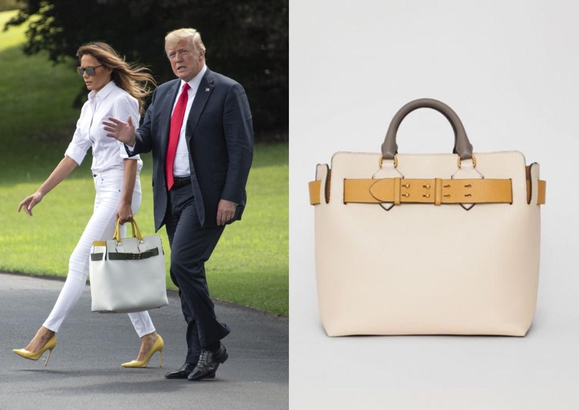 Burberry, una de sus firmas favoritas. Otra de las marcas favoritas de Melania Trump es Burberry. Su derroche de estilo y su exquisita forma de conjuntar dejan a la luz que la Primera Dama lleva el bolso siempre a juego con su vestimenta. En esta ocasión su complemento estrella es de Burberry y alcanza los 2.000 euros.