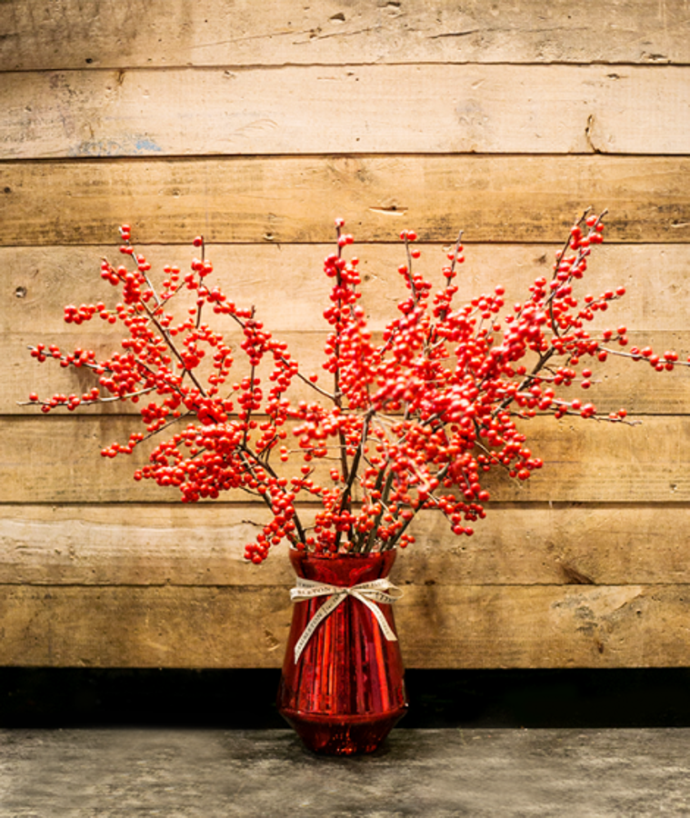 Jarrón de cristal rojo con ilex, muy famoso en Navidad: 158 euros en Sally Hambleton.