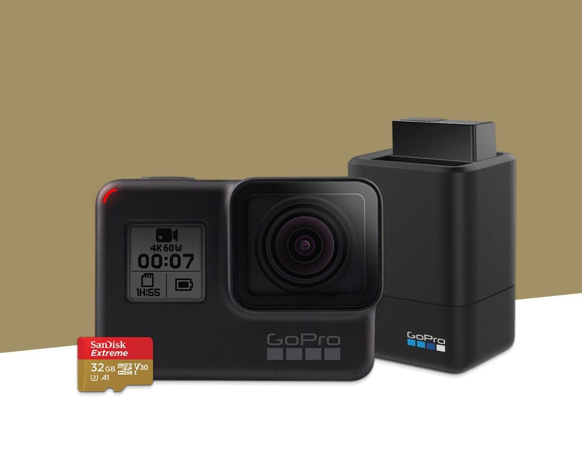 GoPro. La GoPro Hero 7 ya está aquí y los amantes de la fotografía y el deporte están de celebración. Esta nueva cámara puede sumergirse hasta 10 metros y funciona también con control por voz, por lo que si estás ocupado, con utilizar uno de los 16comandos conseguirás el resultado que buscas. Además, retransmite en directo en Facebook Live, YouTube y plataformas similares. Su precio es de 429,99 euros.