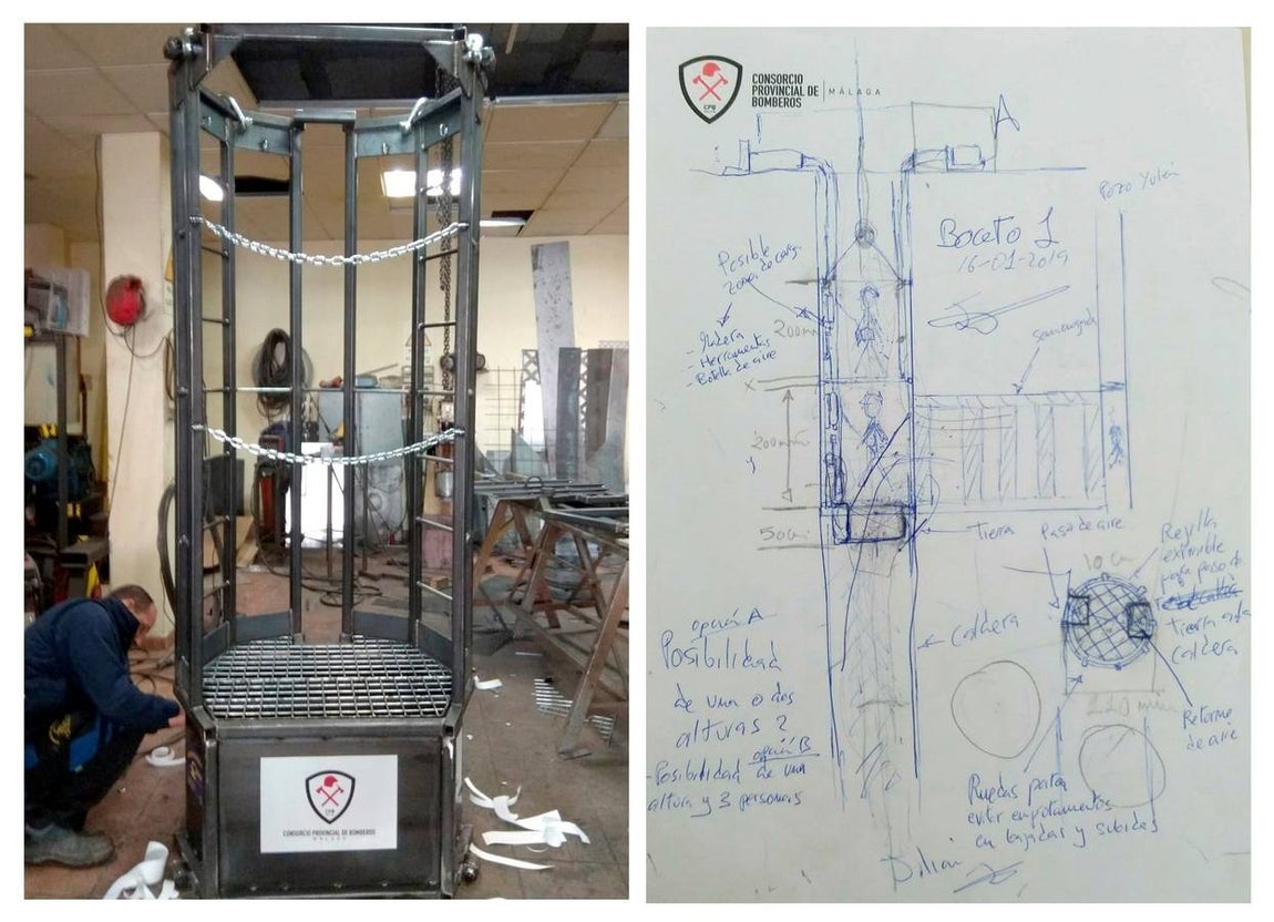 Cabina por la que descendieron los mineros y Guardia Civil que rescataron a Julen