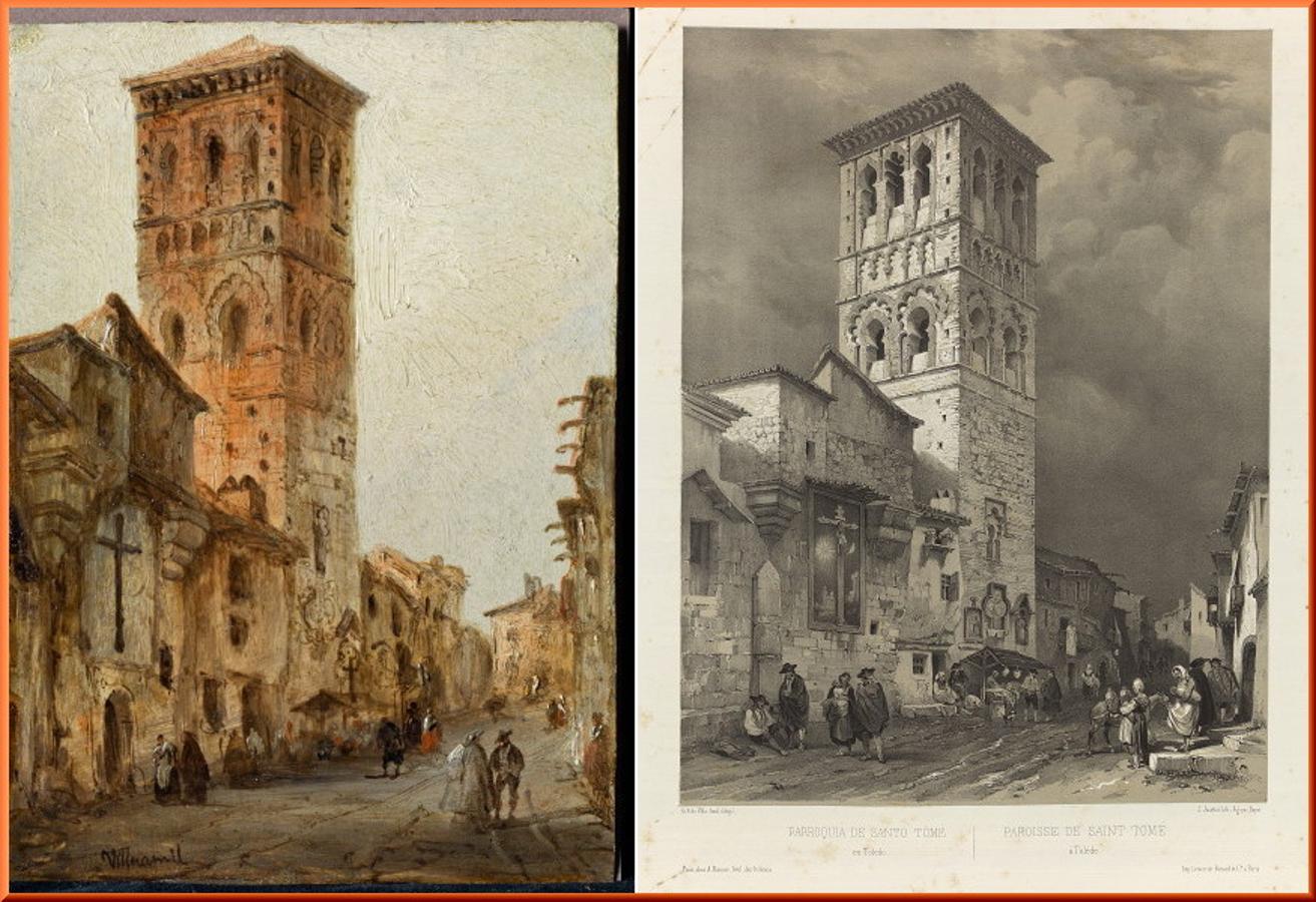 Óleo de la calle de Santo Tome firmado por Villaamil y su traslado a una litografía en España artística y monumental (1842-1850). 
