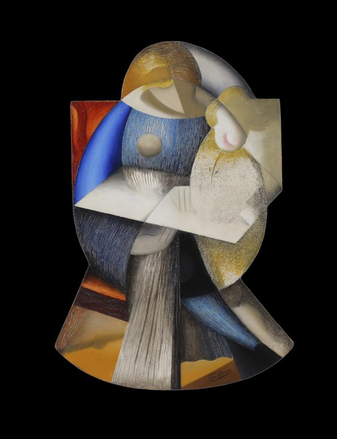 Marthe Donas, Le livre d'images, circa 1918, óleo y yeso sobre cartón, 67,5 x 46,5 cm. 