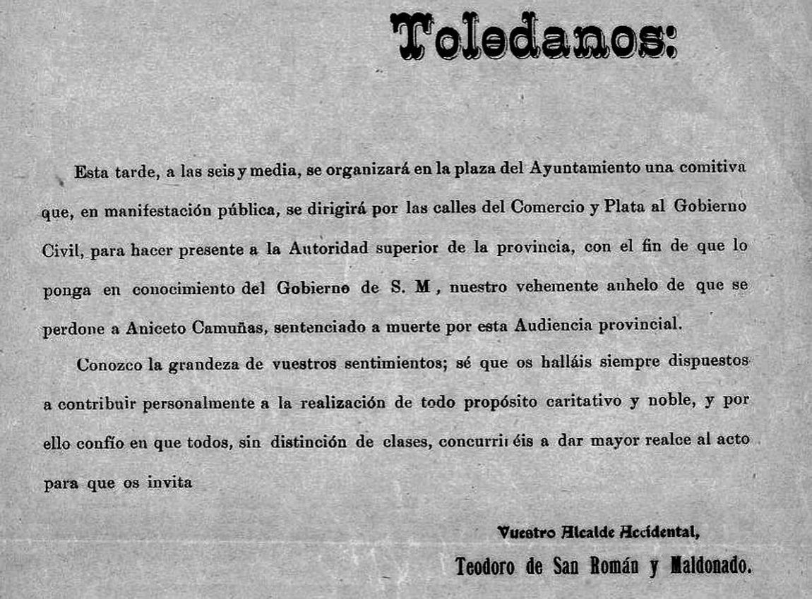 Bando llamando a los toledanos a manifestarse para evitar la ejecución de Aniceto Camuñas. 