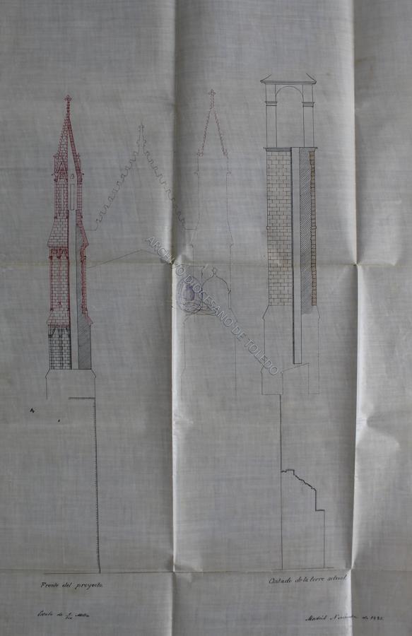 Alzado de la antigua torre del reloj (dcha.) y de la proyectada para sustituirla (izda.). Plano de J. Bautista Lázaro (noviembre 1885). 