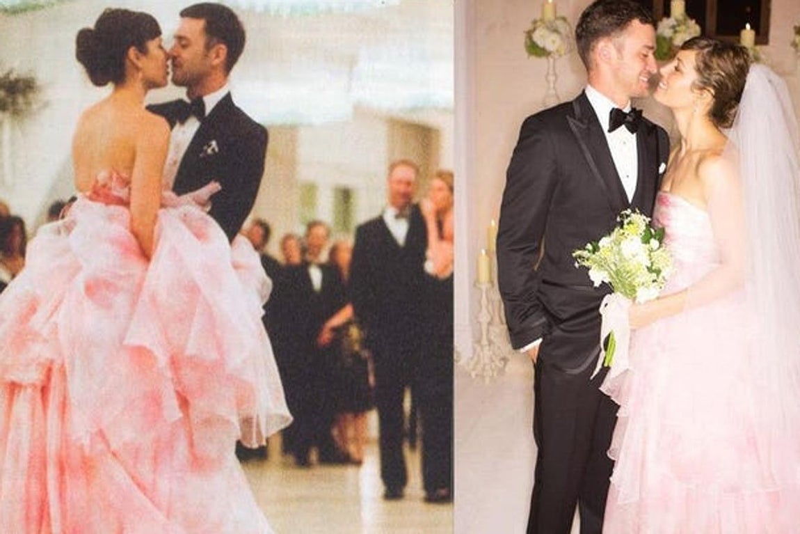 Jessica Biel. El vestido de novia de la mujer de Justin Timberlake costó 100.000 euros. La firma italiana Giambattista Valli Haute Couture rompió todas las reglas sociales para diseñarlo y lo concibió en color rosa