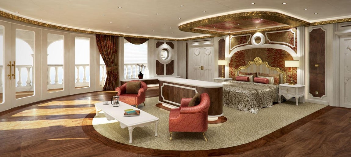 El atrio central. Así se denomina a los interiores del yate, el lugar en donde se resarrolla la vida privada de los inquilinos. Está dotado de grandes ojos de buey que ofrecen sugerentes vistas al fondo del océano. De la parte inferior del casco se despliega una pestaña que no es sino el garaje de un submarino. Guarda también departamentos para lanchas, motos de agua y otros entretenimientos para disfrutar la vida en alta mar