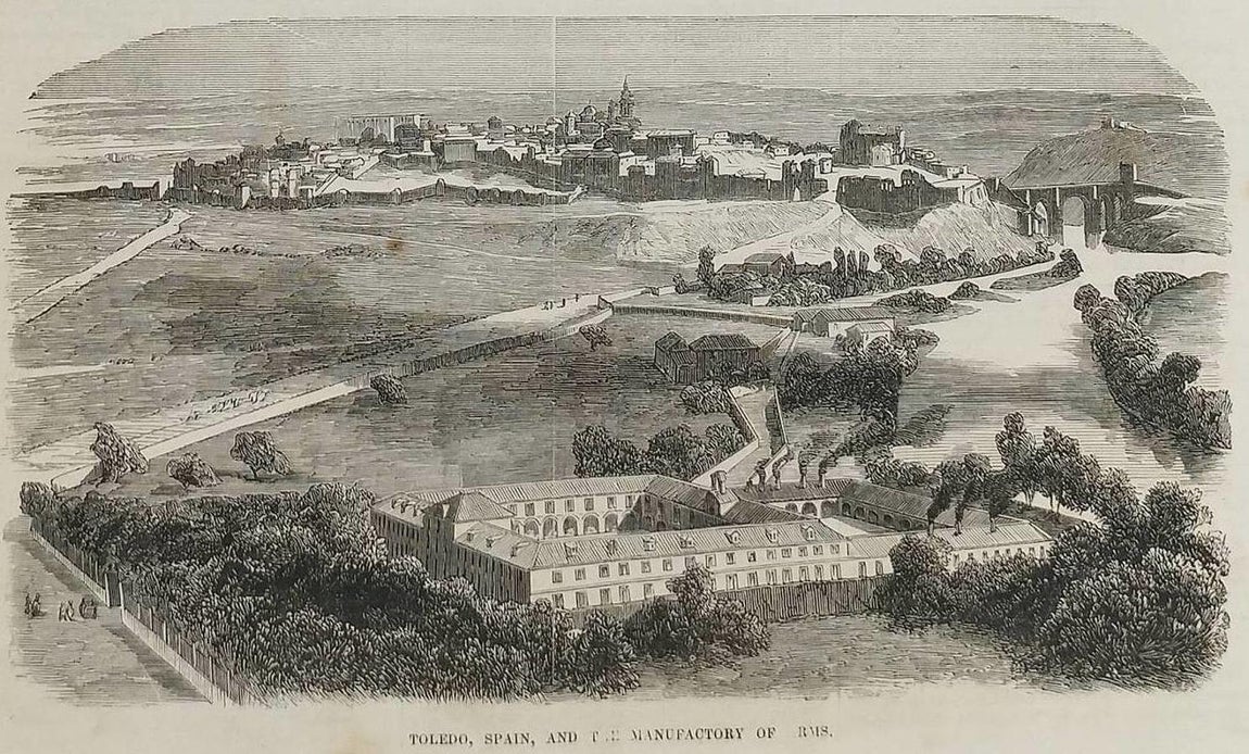 Un punto de partida para el despertar: la fábrica de armas con Toledo al fondo. Grabado aparecido en la revista Gleason’s Pictorial Drawing-Room Companion, vol. VII, nº 16. Boston (USA), 21/10/1854. 