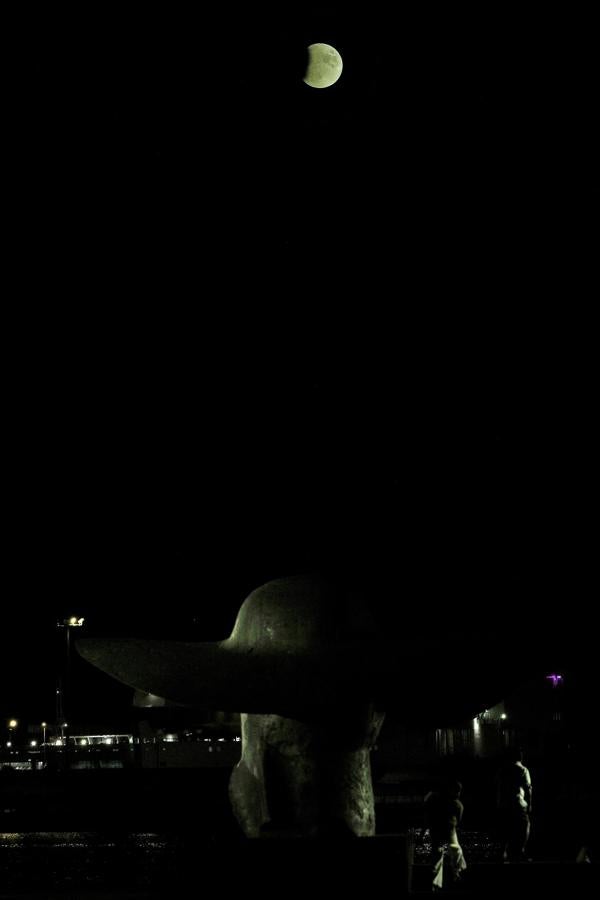 Varias personas observan el eclipse parcial de Luna bajo «La pamela», del artista Manolo Valdés, este martes noche desde la Marina de Valencia.. 