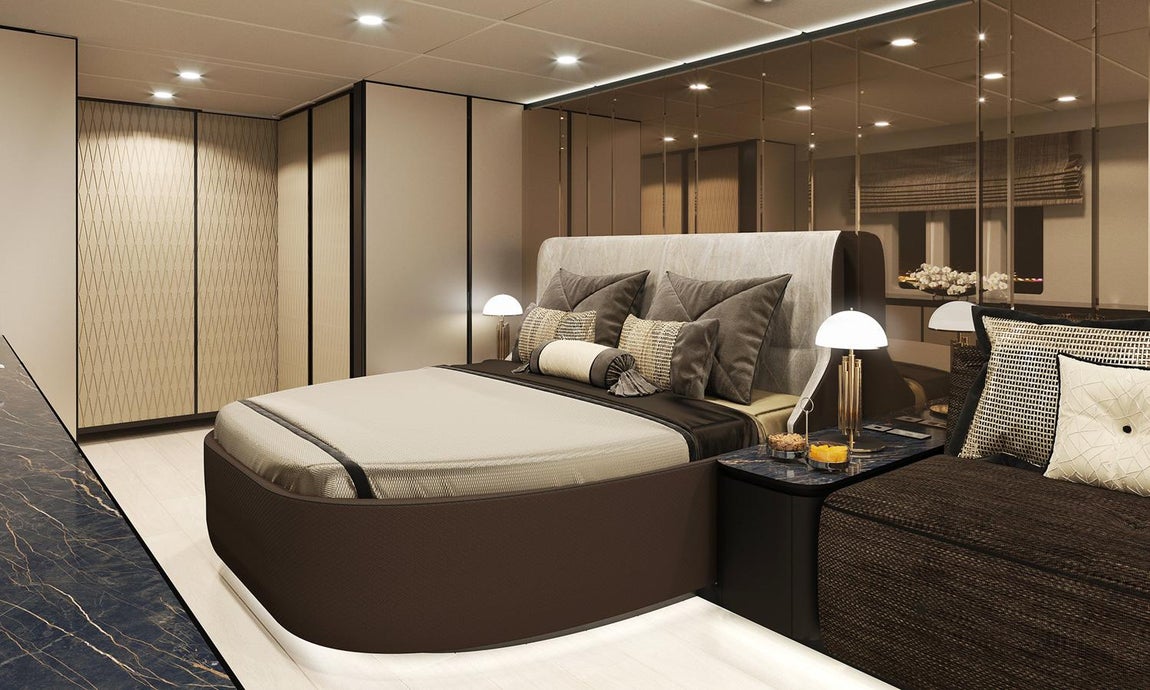 80 Sunreef Power. Se accede a la suite principal a través de la terraza de proa. El dormitorio tiene un cuarto de baño privado con ducha a ras de suelo y un vestidor. Sobre la cama habrá un tragaluz