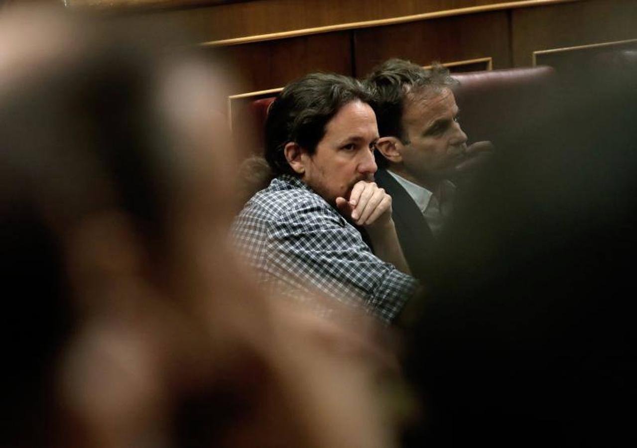 El secretario general de Unidas Podemos, Pablo Iglesias, durante la primera jornada del debate de investidura. 