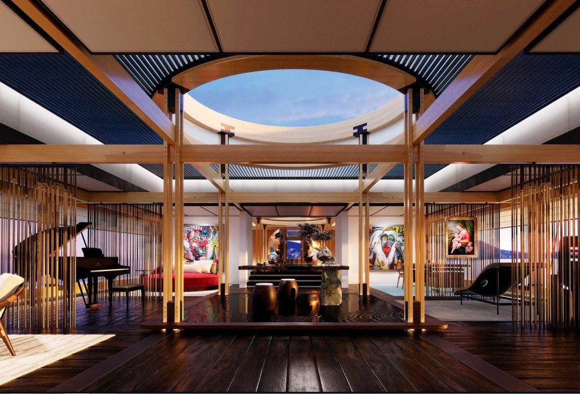 Aqua. El apartamento VIP ocupa exactamente la mitad de la cubierta superior, concretamente su parte delantera. Los techos se dispondrán en diferentes alturas y la luz tenue bañará el recinto salvo en un espacio en el que entrará luz cenital