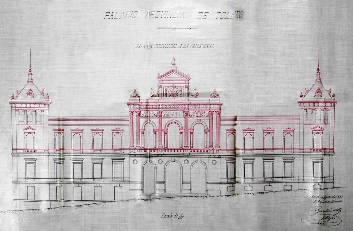 Alzado de la fachada principal del palacio provincial de Toledo (1888). Dibujo de Agustín Ortiz Villajos. Archivo de la Diputación de Toledo. 