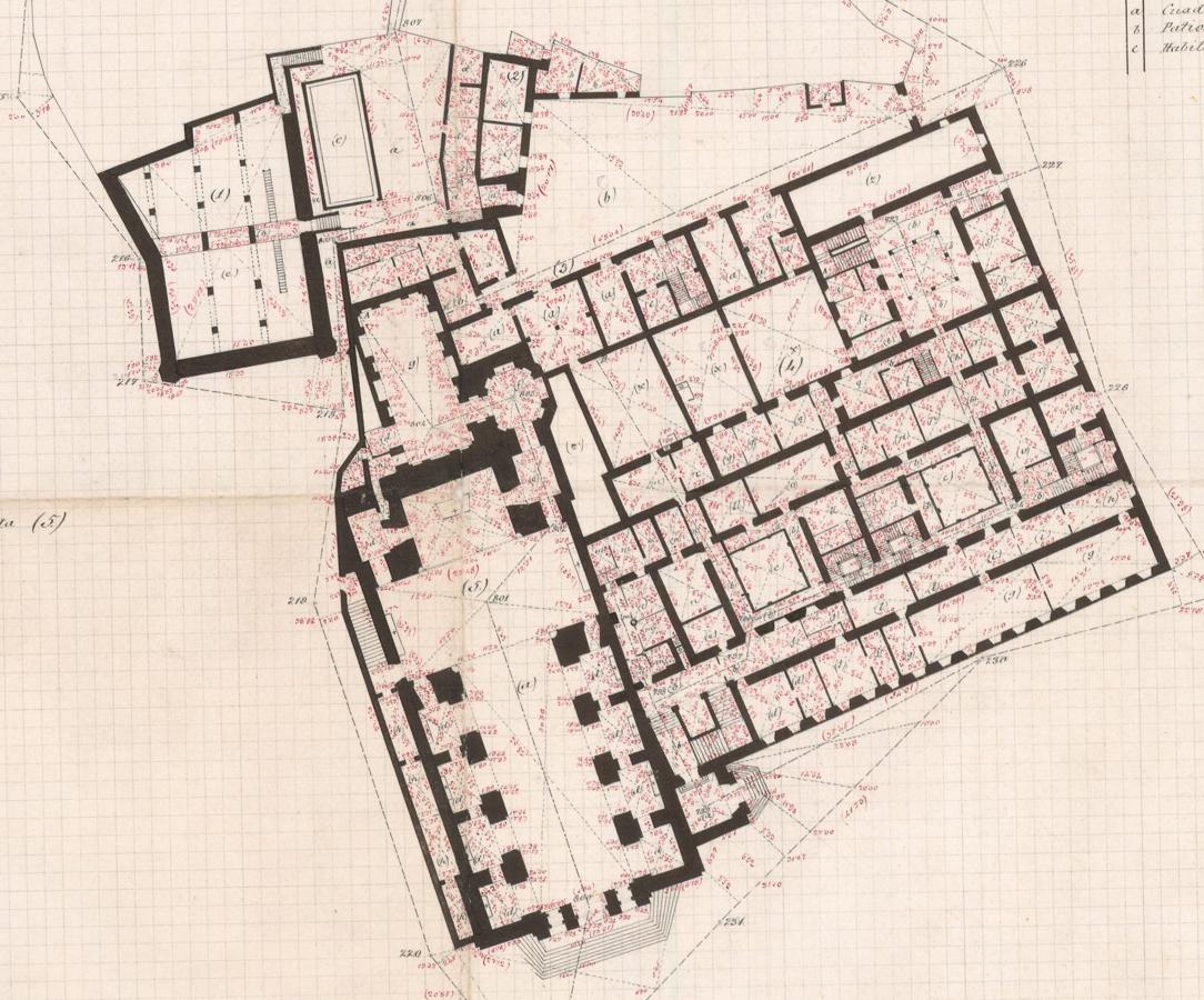 Planta de las oficinas del Gobierno civil de Toledo y de la iglesia de San Ildefonso. Eustaquio de Castro (1881). Instituto geográfico nacional. Documentación geográfica antigua. Planos de edificios. EDIF452492-1881-Toledo. 