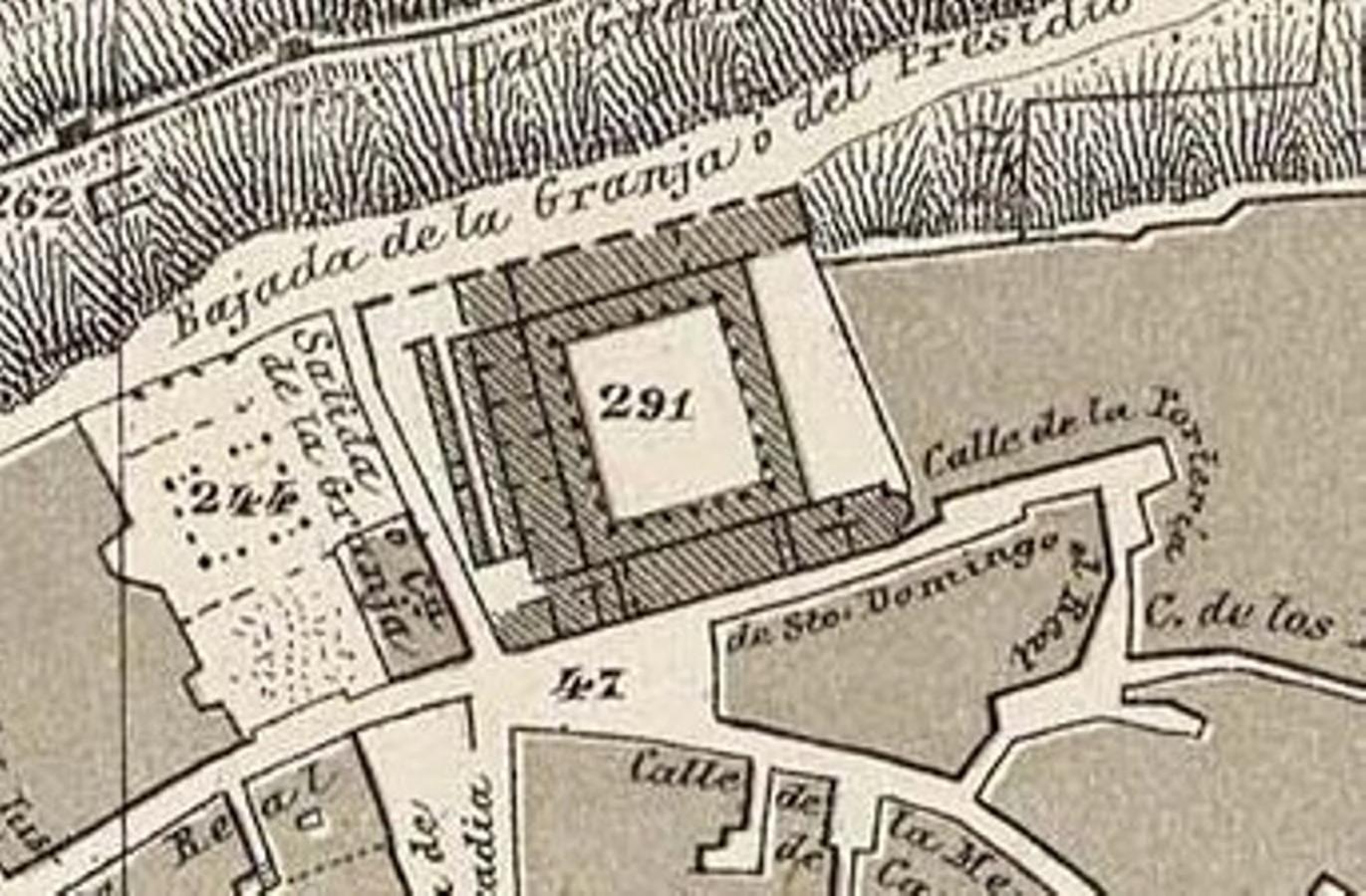 Solar del presidio correccional (291) donde se ubicaría el palacio provincial. José Reinoso (Toledo, 1830 – Madrid, 1903). Plano de Toledo (1882). 