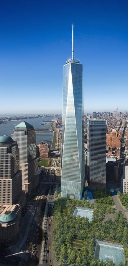 One World Trade Center. Es el edificio más simbólico del centro financiero de Nueva York desde que se reconstuyó, mide  541m de alto, se termino en 2012 y costó 3,4 mil millones de euros
