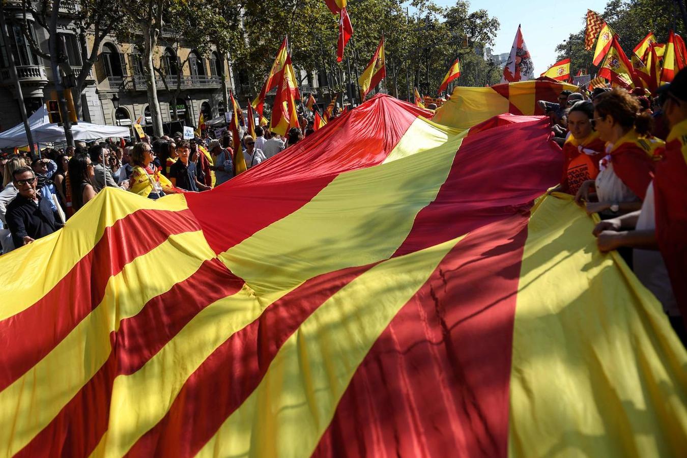 Miles de banderas de España han llenado el Paseo de Gracia de Barcelona. 