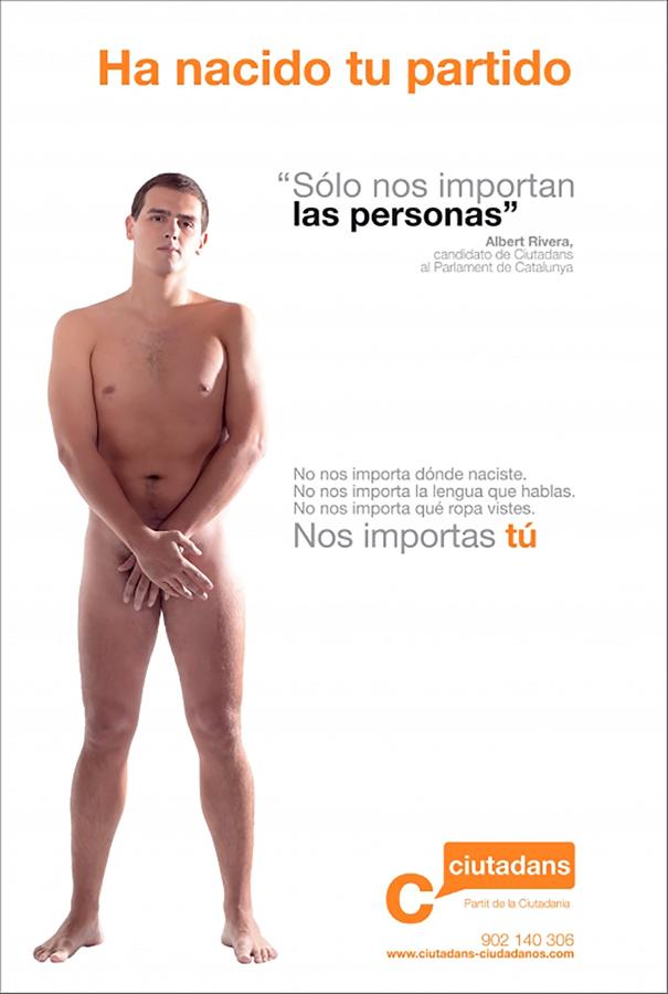 Presentación de Albert Rivera como candidato de Ciudadanos a las elecciones al Parlamento de Cataluña de 2006. La imagen de campaña fue una foto de Rivera desnudo.. 