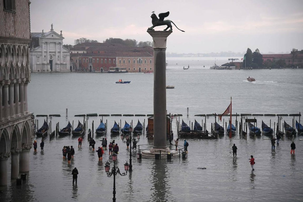 Venecia sufre su peor inundación desde 1966, con una subida de las aguas de hasta 187 centímetros. 