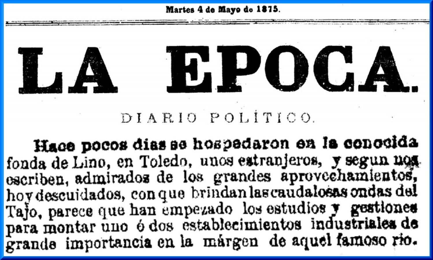 Noticia sobre unos viajeros hospedados en la Fonda del Lino (La Época, Madrid, 4 de mayo de 1875). 