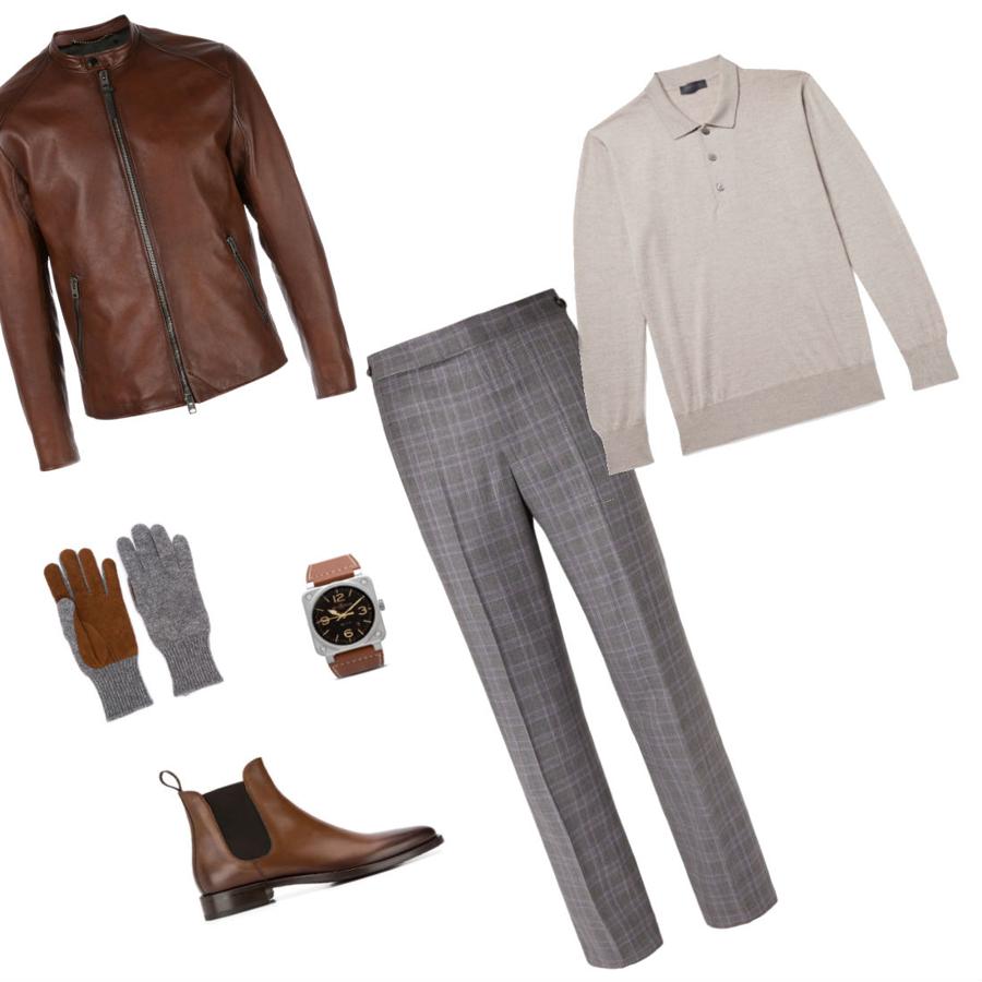 Look de nochebuena informal. Opta por la comodidad al 100% si tu plan de Nochebuena va a ser estar jugando con tus sobrinos, cantando villancicos con tus primos o charlando con tus hermanos en el sofá. Puedes hacerlo sin perder un ápice de elegancia con este pantalón a cuadros de Gabriella Hearst (Precio: 1250 €), un jersey de punto fino con botones de Thom Sweeney (Precio: 350 €), una cazadora de Coach (Precio: 1511 €), unos botines de Scarosso (Precio: 307 €), un reloj de Bell&amp;Ross (Precio: 3200 €) y unos guantes de punto y piel de Brunello Cucinelli (Precio: 610 €).