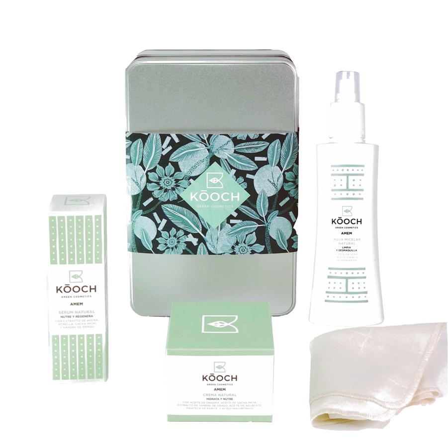 Caja «beauty». Este pack de cosmética ecológica y sostenible puedes encontrarlo en Kooch Green Cosmetics por 105 euros. Incluye agua micelar natural, muselina de algodón orgánico reutilizable, sérum regenerador y crema hidratante.