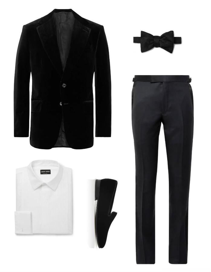 Look de Nochevieja con esmoquin clásico. Si vas a despedir el año en una fiesta cuya etiqueta marque esmoquin, nada como optar por un sofisticado modelo como este de Tom Ford compuesto por americana (precio: 2.540 euros), pantalón con fajín (precio: 1.140 euros), pajarita de Givenchy (precio: 155 euros), camisa de Giorgio Armani (precio: 685 euros) y zapatos tipo slippers de Manolo Blahnik (precio: 695 euros).