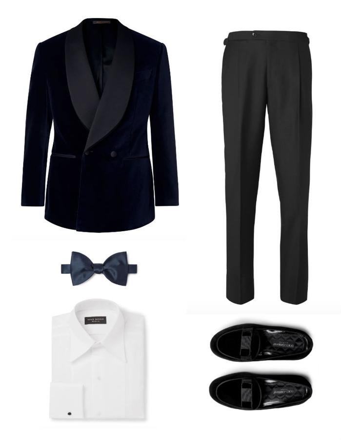 Look de Nochevieja con esmoquin azul. Que tengas que llevar esmoquin no quiere decir que tengas que rendirte ante lo evidente. Puedes atreverte a poner tu toque personal gracias al terciopelo azul de la pajarita de Maximilian Mogg (precio: 110 euros) y la americana de Thom Sweeney (precio: 1.805 euros). Llévalo con un pantalón clásico como este de Saman Amel (precio: 570 euros), una camisa blanca de Maximilian Mogg (precio: 400 euros) y unos zapatos de Dolce&amp;Gabbana (precio: 595 euros)