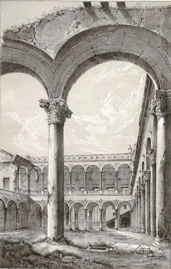 Patio del Alcázar de Toledo en 1848. Litografía de Teodoro Bachiller sobre dibujo de Andreas Pic de Léopold. En Manuel de Assas: Álbum artístico de Toledo. 