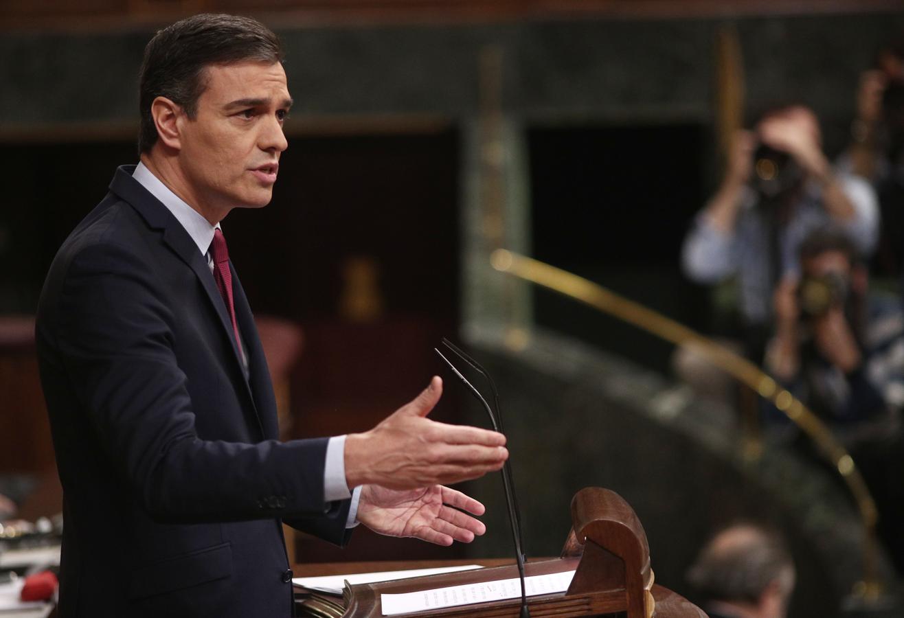 El presidente del Gobierno en funciones, Pedro Sánchez, durante su intervención inicial. 