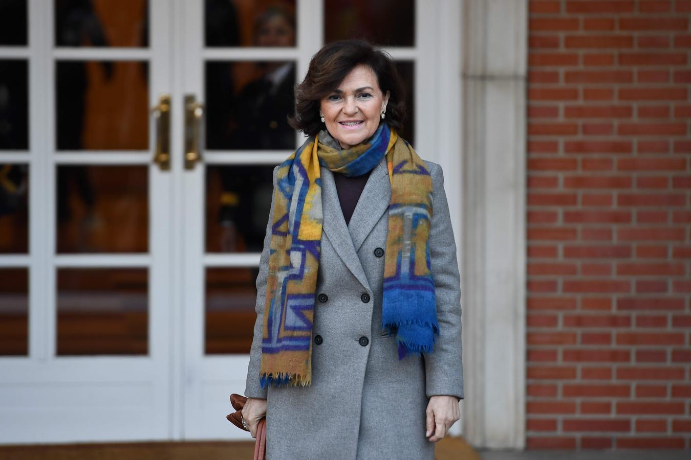 La Vicepresidenta primera de Presidencia, Carmen Calvo, a su llegada a La Moncloa. 