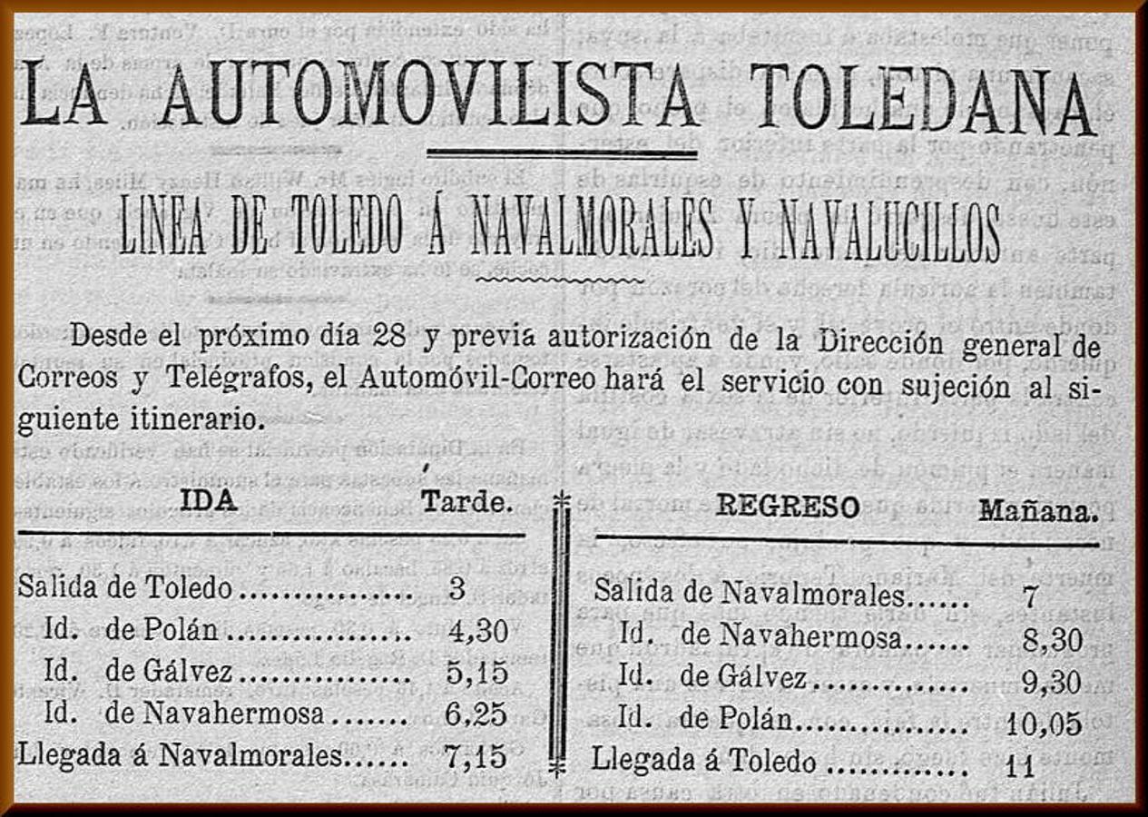 Cuadro de horarios de La Automovilista Toledana para atender la línea de Los Navalmorales. Heraldo Toledano, 1924.. 