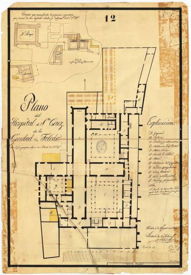 Plano del Hospital de Santa Cruz, previsto para alojamientos del Colegio General Militar. Antonio de la Iglesia, 1846. España. Ministerio de Defensa. Instituto de Historia y Cultura Militar (<a href="http://www.portalcultura.mde.es/cultural/archivos">http://www.portalcultura.mde.es/cultural/archivos</a>/). Archivo General Militar de Madrid. Sign.: A-14-23_TO-02-03. 