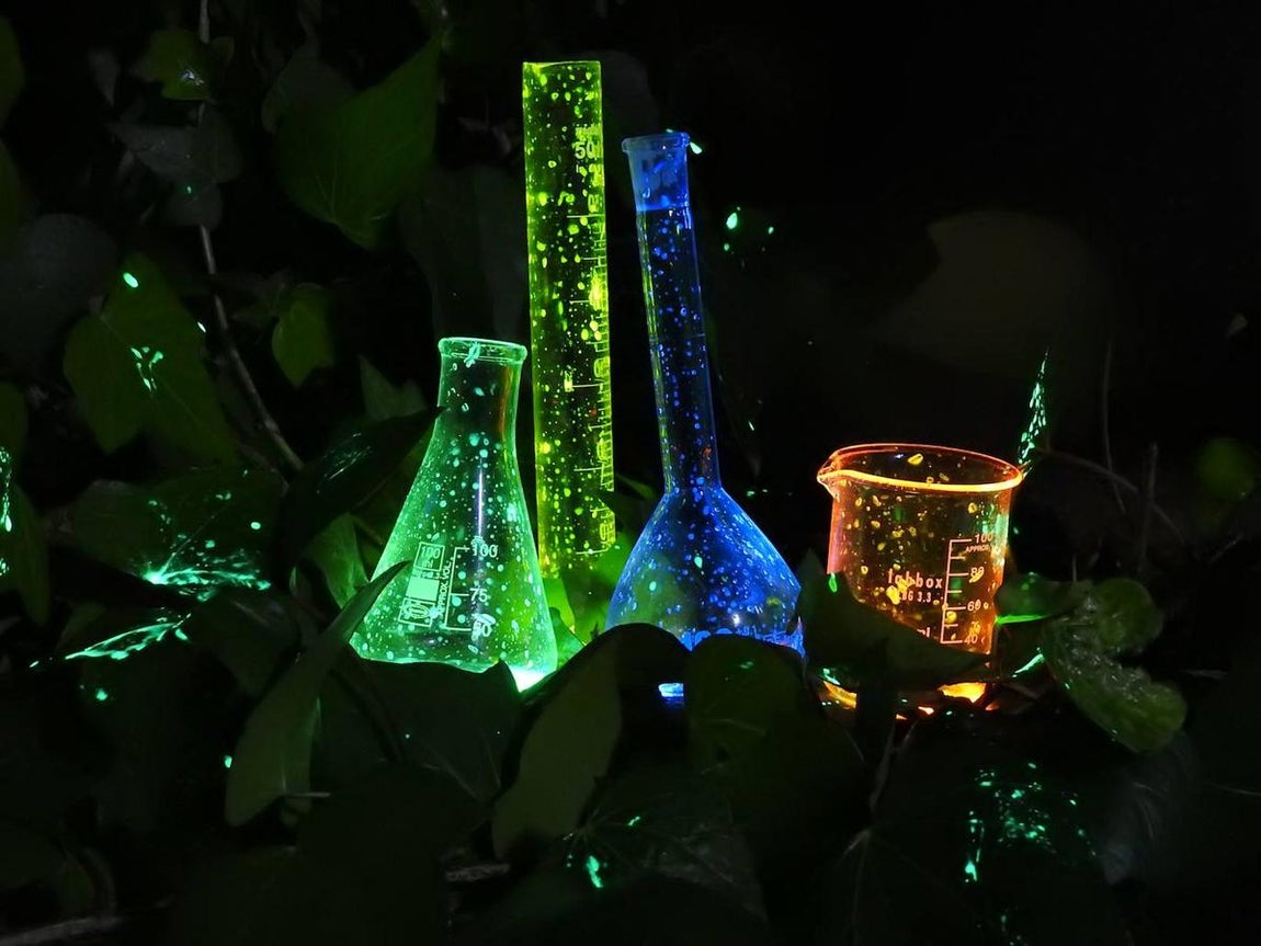 ‘Naturaleza química’. La quimioluminiscencia es la emisión de luz en una reacción química que no produce calor. La bioluminiscencia es un proceso que se da en los organismos vivos como las medusas, los camarones o las luciérnagas en el que la energía que genera una reacción química se manifiesta como luz. La imagen reúne material de laboratorio en un entorno natural para subrayar que la naturaleza es química y que la química está en la naturaleza. Aunque esta disciplina es injustamente tratada como sinónimo de toxinas o veneno, la química es fundamental para aportar soluciones a los desafíos del desarrollo sostenible, como el avance de fuentes alternativas de energía o la alimentación de la creciente población mundial.