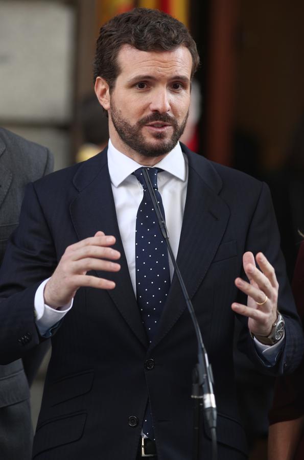 Pablo Casado. El líder del Partido Popular acudió a la apertura solemne de la XIV legislatura en el Congreso de los Diputados con un traje de chaqueta impecable, camisa blanca y corbata azul marino con lunares blancos