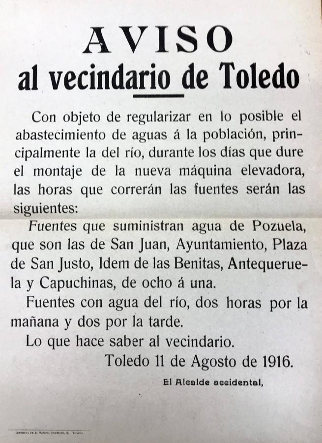 Bando de 1916 sobre las obras en el abastecimiento de aguas. El alcalde accidental era Justo Villarreal Villarrubia. Archivo Municipal de Toledo. 