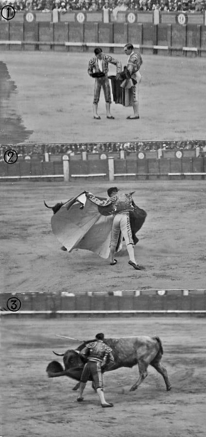 Joselito «El Gallo» dando la alternativa a Félix Merino y después en un quite, por último, Belmonte en un pase en Madrid en 1917