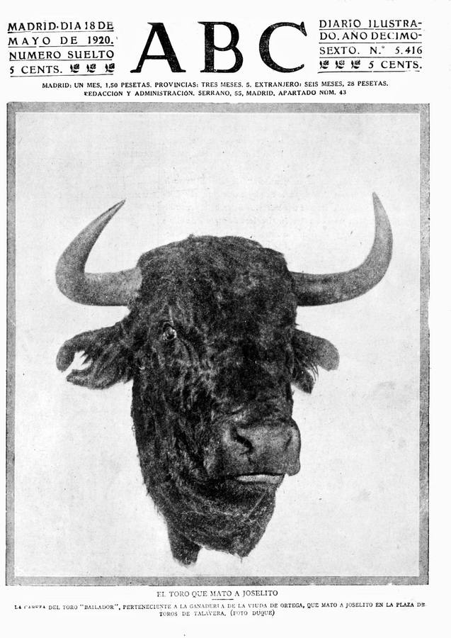 Portada del toro que mató a Joselito «El Gallo» del 18 de mayo 1920