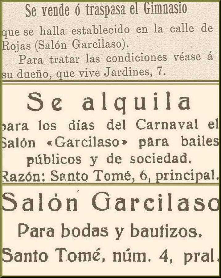 De arriba abajo. Anuncios de prensa alusivos al Salón Garcilaso en 1905, 1934 y 1935. 