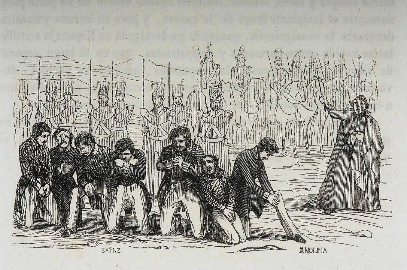 Fusilamiento de sublevados carlistas de Talavera el 25 de octubre de 1833. Xilografía de Francisco Sainz. En Galería militar contemporánea (1846).. 
