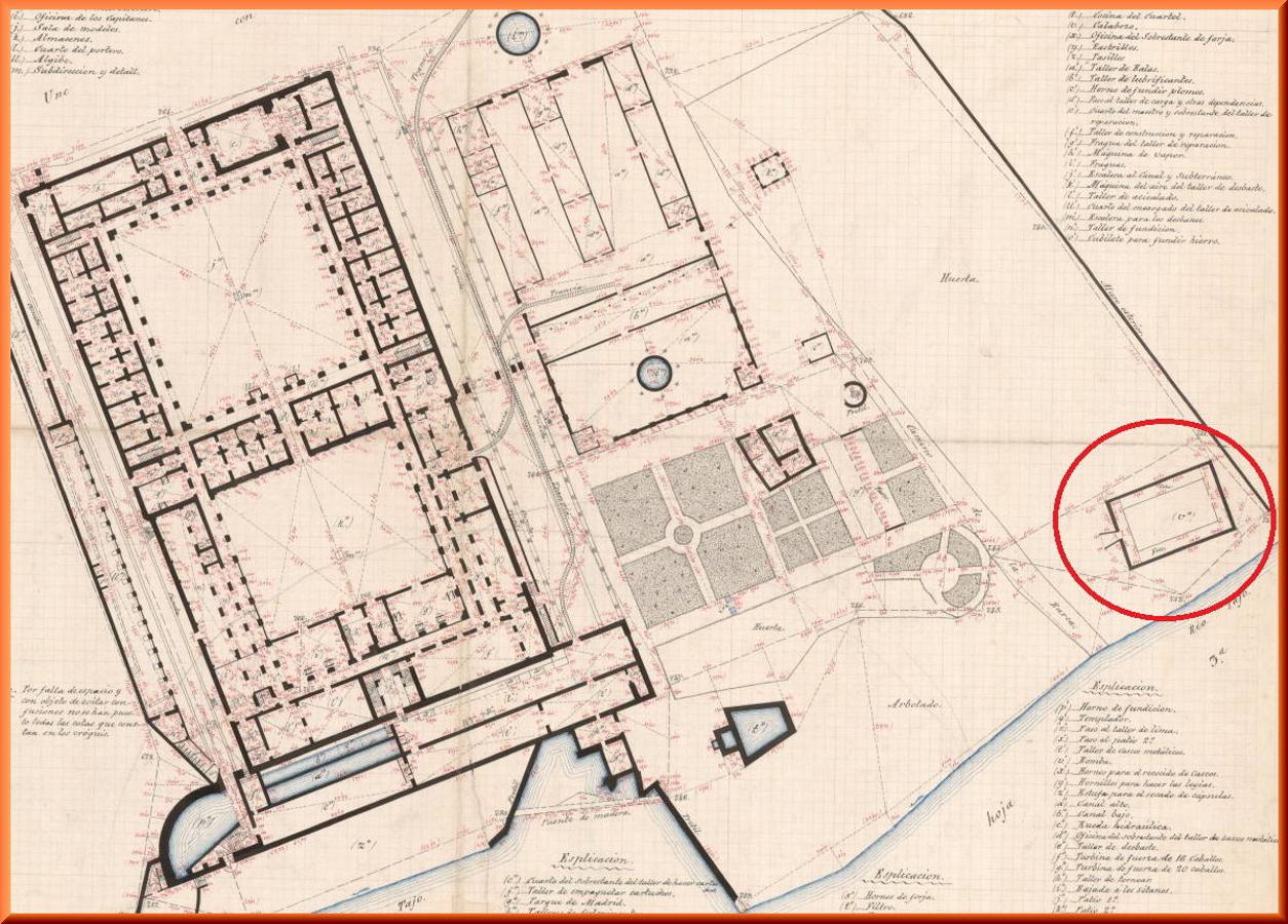 Plano del Instituto Geográfico y Estadístico (1881) detallando cada una de las naves dedicadas a la cartuchería. Dentro del círculo, situación del primer polvorín cuya estructura aún se conserva. 