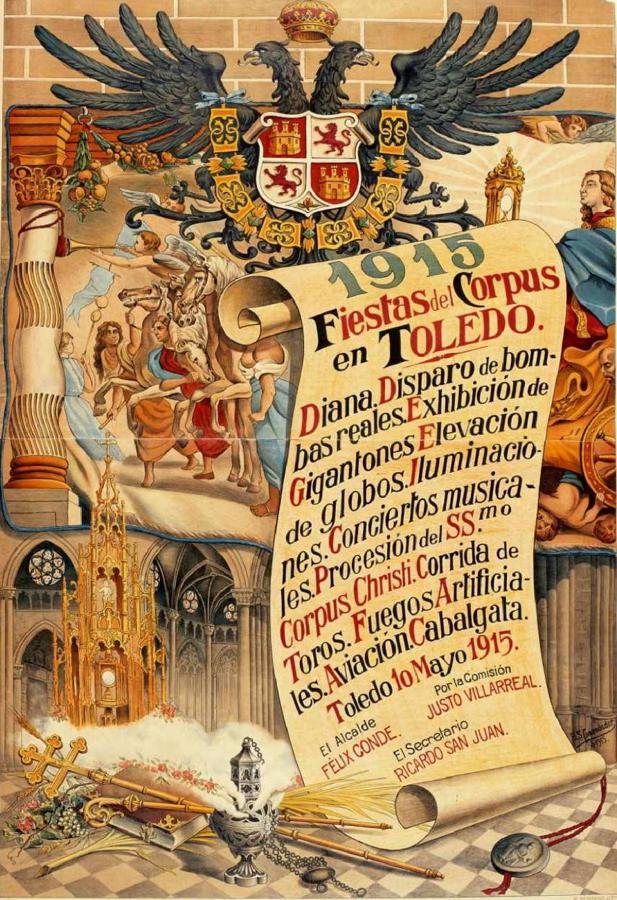 Cartel del Corpus Christi de 1915 (151 x 107 cm) debido a Buenavista Sánchez Comendador, estampado en el madrileño taller de Foruny. Archivo Municipal de Toledo. 