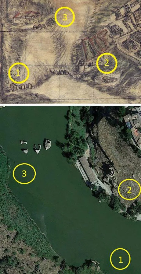 Tramo del Tajo en Toledo en el dibujo de A. Palomeque (ca. 1720) y en una vista Google Maps (2020). 1: Molinos de la Vieja. 2: Torreón de Alfarach. 3: Molinos de Daicán. 