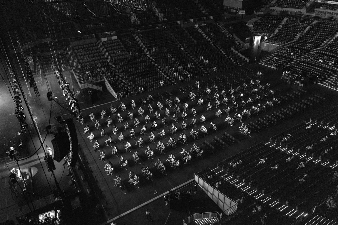 Madrid, España - Julio 2020: Un concierto en directo de Operación Triunfo en el Wizink center de Madrid. El Wizink center de Madrid abrió las puertas con todas las medidas de seguridad posibles frente al Covid 19 apostando por la recuparaación de un espacio para la cultura y la música.. 