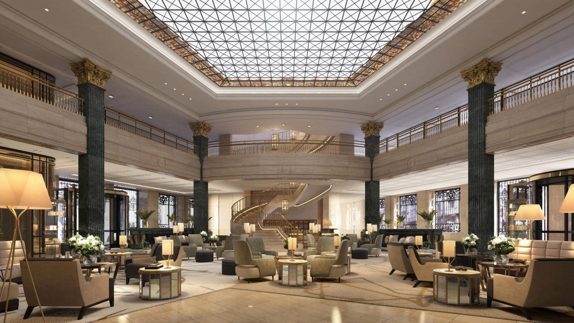 El lobby. Posee más de 3500 piezas restauradas donde se encuentran sobre todo elementos de los bancos que allí se encontraban como las columnas de mármol, los cajeros o las vidrieras multicolor.