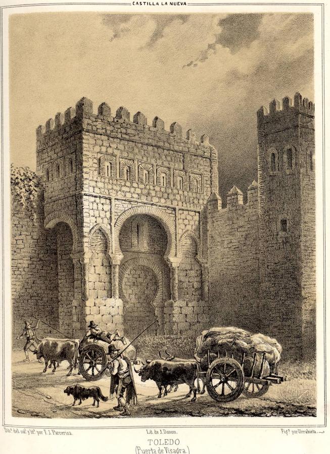 Toledo. Carreteros ante la puerta de Bisagra (1853). Dibujo y litografía de Francisco José Parcerisa. Archivo Municipal de Toledo. 