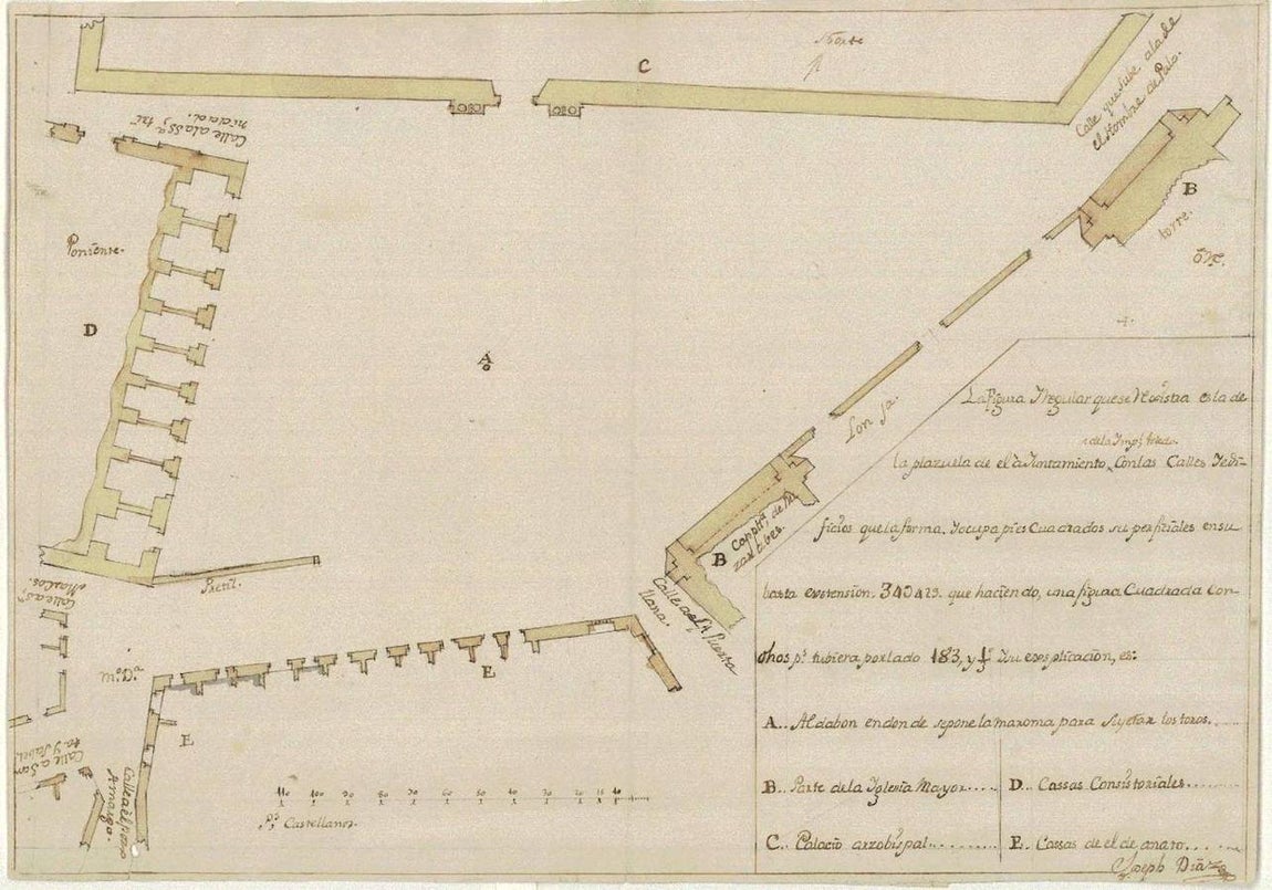 Plano de la plaza del Ayuntamiento trazado por el alarife José Díaz en 1750. Archivo Municipal de Toledo. 
