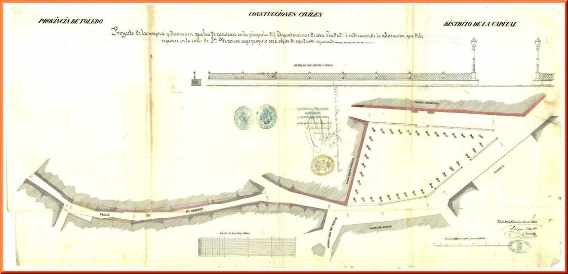 Proyecto de mejora y decoración de la plaza del Ayuntamiento y regularización de la calle de San Marcos firmado por el arquitecto provincial Santiago Martín y Ruiz en 1862. Archivo Municipal de Toledo. 