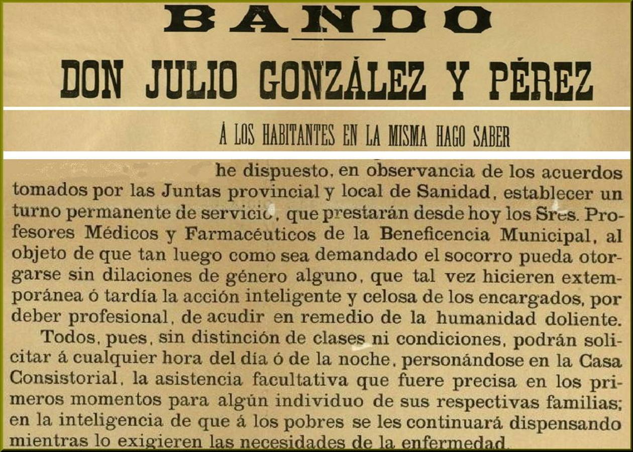 Fragmento del Bando publicado, el 26 de agosto de 1890, por el alcalde Julio González Pérez refiriendo los apoyos de médicos y farmacéuticos dispuestos ante la epidemia reinante de cólera. Archivo Municipal de Toledo. 