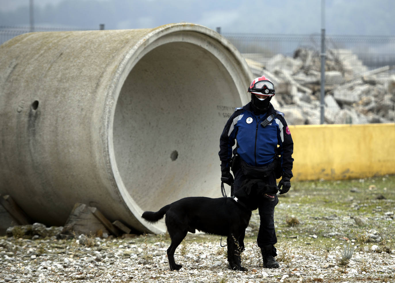 Un miembro del ERICAM con un perro de rescate. 